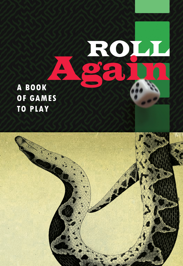 Book cover for Roll Again, showing a dice rolling along a game board path that turns into a snake.