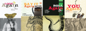 Four book covers, featuring a dictaphone blended with an octopus, a game board blended with a snake, a couple dancing blended with gunpowder and a lighter and a moth blended with binoculars.