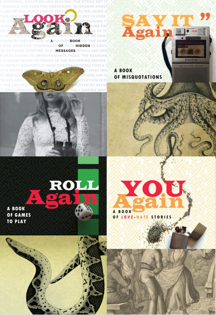 Four book covers, featuring a dictaphone blended with an octopus, a game board blended with a snake, a couple dancing blended with gunpowder and a lighter and a moth blended with binoculars.